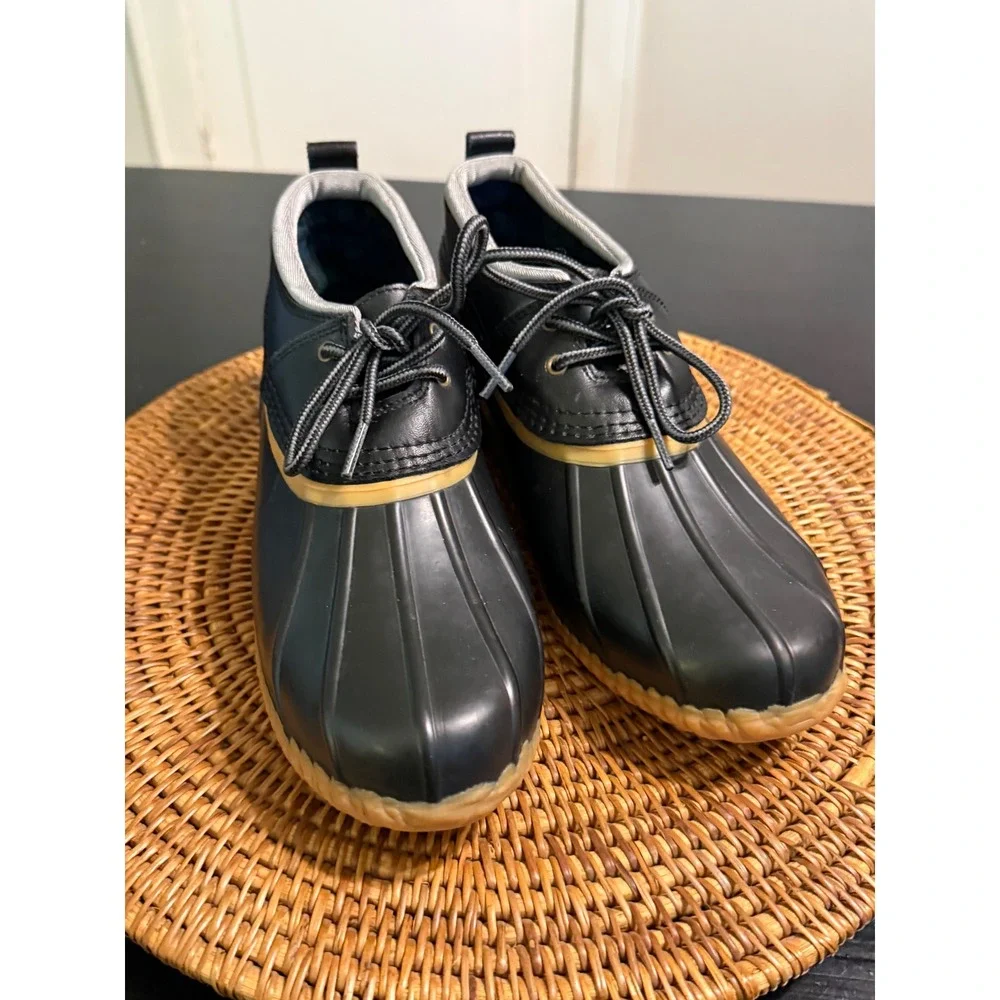 Lands End Womens Black Duck Boots Ankle Rain Boots Plaid Lined Size 8.5 519251